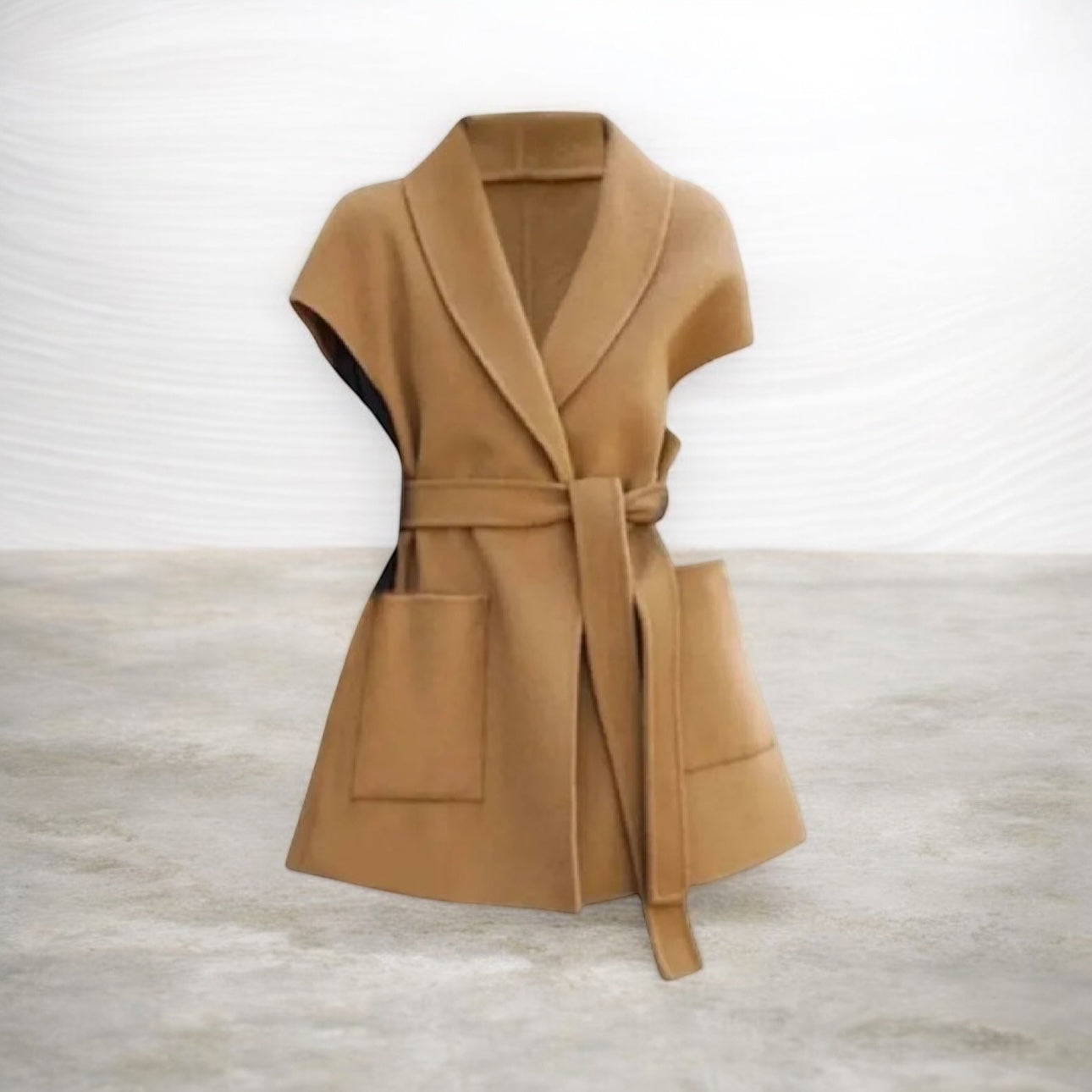 Women’s Camel Sleeveless Belted Vest Coat – Elegant Tailored Longline Waistcoat with Pockets