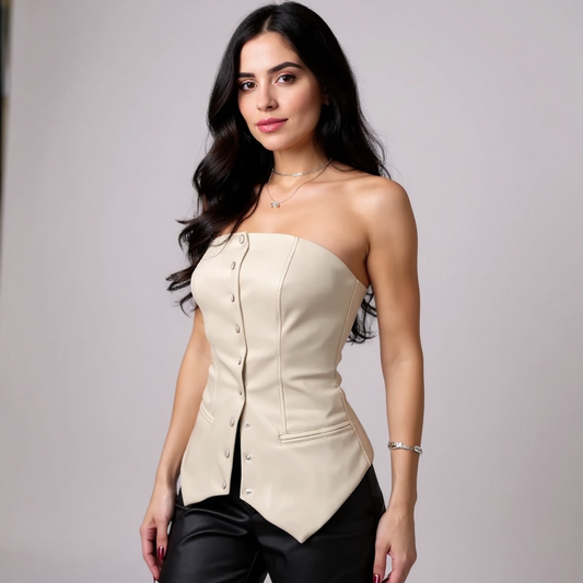Strapless Faux Leather Tube Top/Enhanced Sleeveless Button/Blazer Vest Faux Leather Tube Sleeveless Button/Sexy Backless Tight Fitting Tank Top.