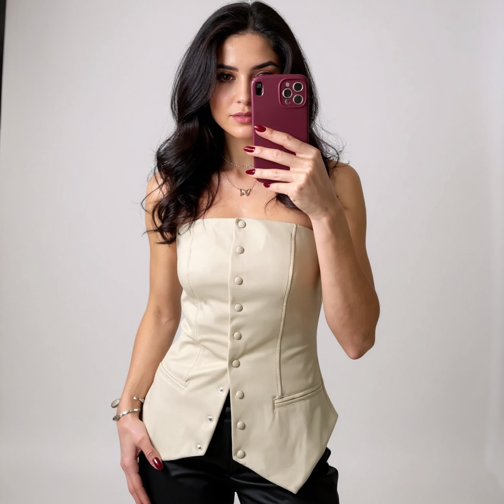 Strapless Faux Leather Tube Top/Enhanced Sleeveless Button/Blazer Vest Faux Leather Tube Sleeveless Button/Sexy Backless Tight Fitting Tank Top.