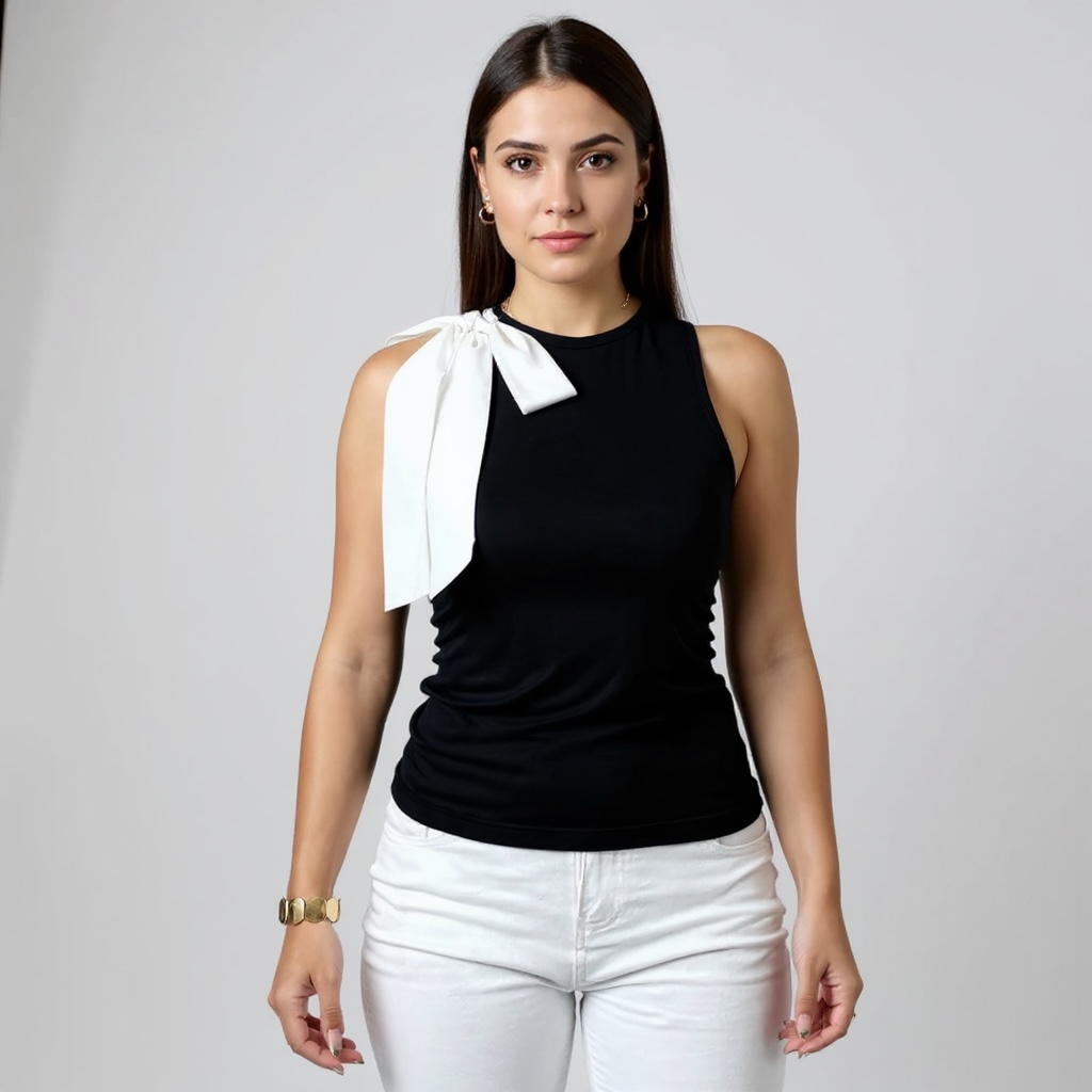 Elegant Black Bow Blouse/O~Neck White Stylish Decoration/Sleeveless Skinny Fit Slim Tank Top.