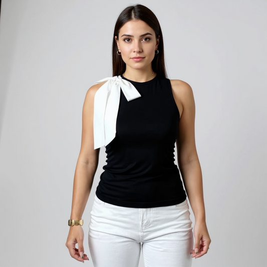 Elegant Black Bow Blouse/O~Neck White Stylish Decoration/Sleeveless Skinny Fit Slim Tank Top.