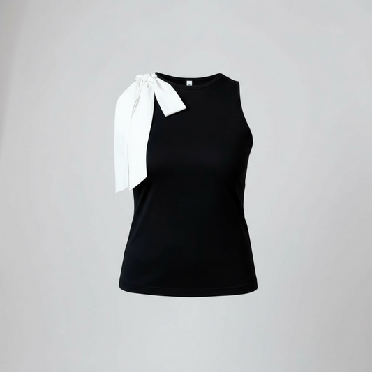 Elegant Black Bow Blouse/O~Neck White Stylish Decoration/Sleeveless Skinny Fit Slim Tank Top.
