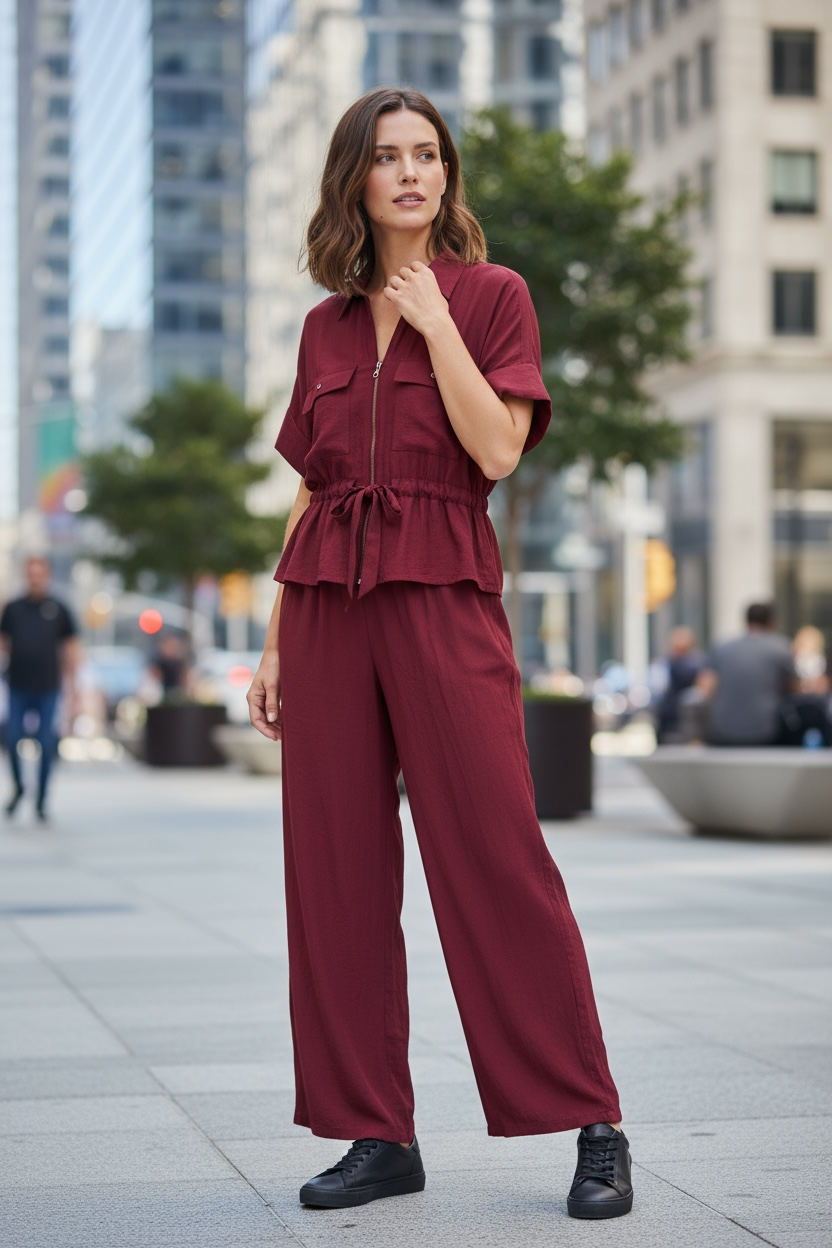 TFMLN Women Wide Leg Pant’s/2 Pieces Set’s/Short Sleeves Zipper Shirt/Straight Elastic Waist Trousers Chic Safari Style.