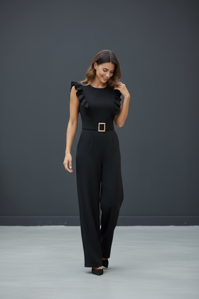 Ruffled Classy Black Jumpsuit/Unique Aura Exquisite Elegant, Slimming Look One-Piece Jumpsuit.