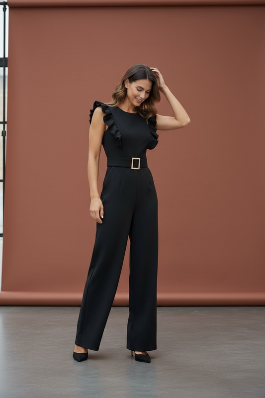 Ruffled Classy Black Jumpsuit/Unique Aura Exquisite Elegant, Slimming Look One-Piece Jumpsuit.