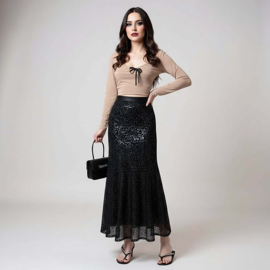 Elegant Sequined Mermaid Skirt/Minimalist Body-con  High A Line Skirt Sparkly Designed Mid Calf.