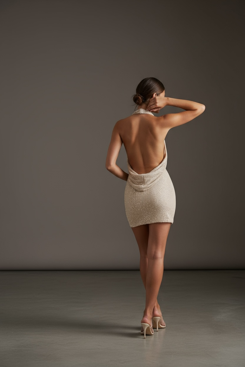 Metallic Golden Plunged Dress/Shiny Sequined Dress/Embellished Backless Halter/Low Neck Ruched Bodycon Dress.