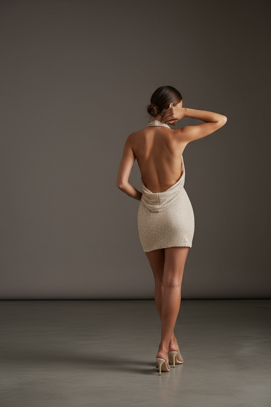 Metallic Golden Plunged Dress/Shiny Sequined Dress/Embellished Backless Halter/Low Neck Ruched Bodycon Dress.