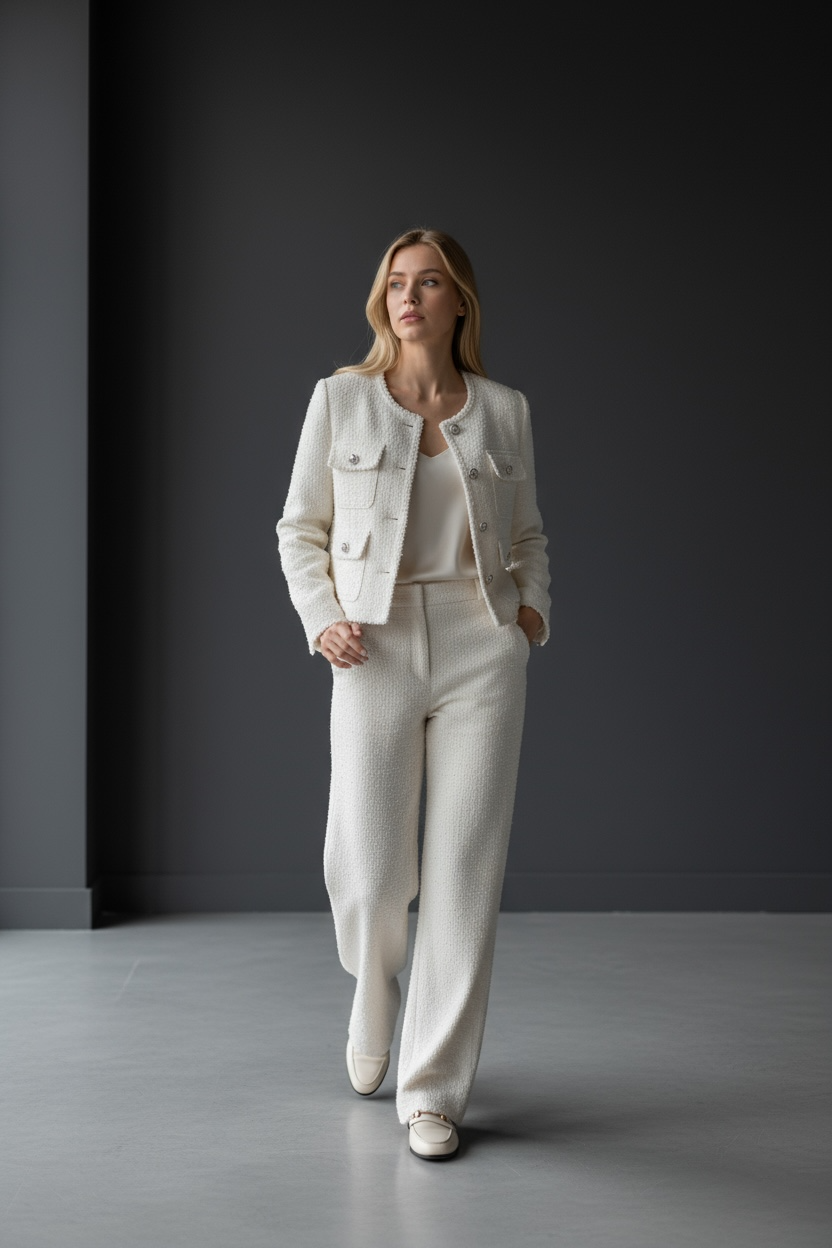 Solid Long Sleeved Buttoned Jacket/Straight Leg Trouser’s/Tweed Pocket Short Jacket + Pant’s/Vintage Designed Pullover.