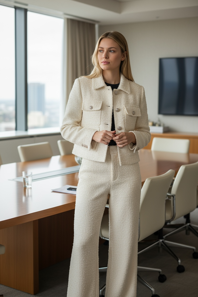 Solid Long Sleeved Buttoned Jacket/Straight Leg Trouser’s/Tweed Pocket Short Jacket + Pant’s/Vintage Designed Pullover.