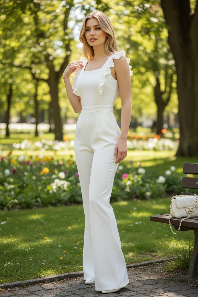 Ruffled Pleated Jumpsuit/Wide Leg Pant’s/High-Quality Drapey/Square Neck Style/White Overalls for Women.