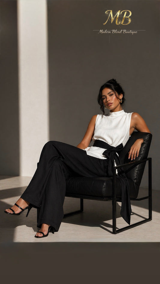 Elegant Sleeveless Tie Top & Wide-Leg Pants Two-Piece Set – Slim Fit Luxury Lounge Ensemble