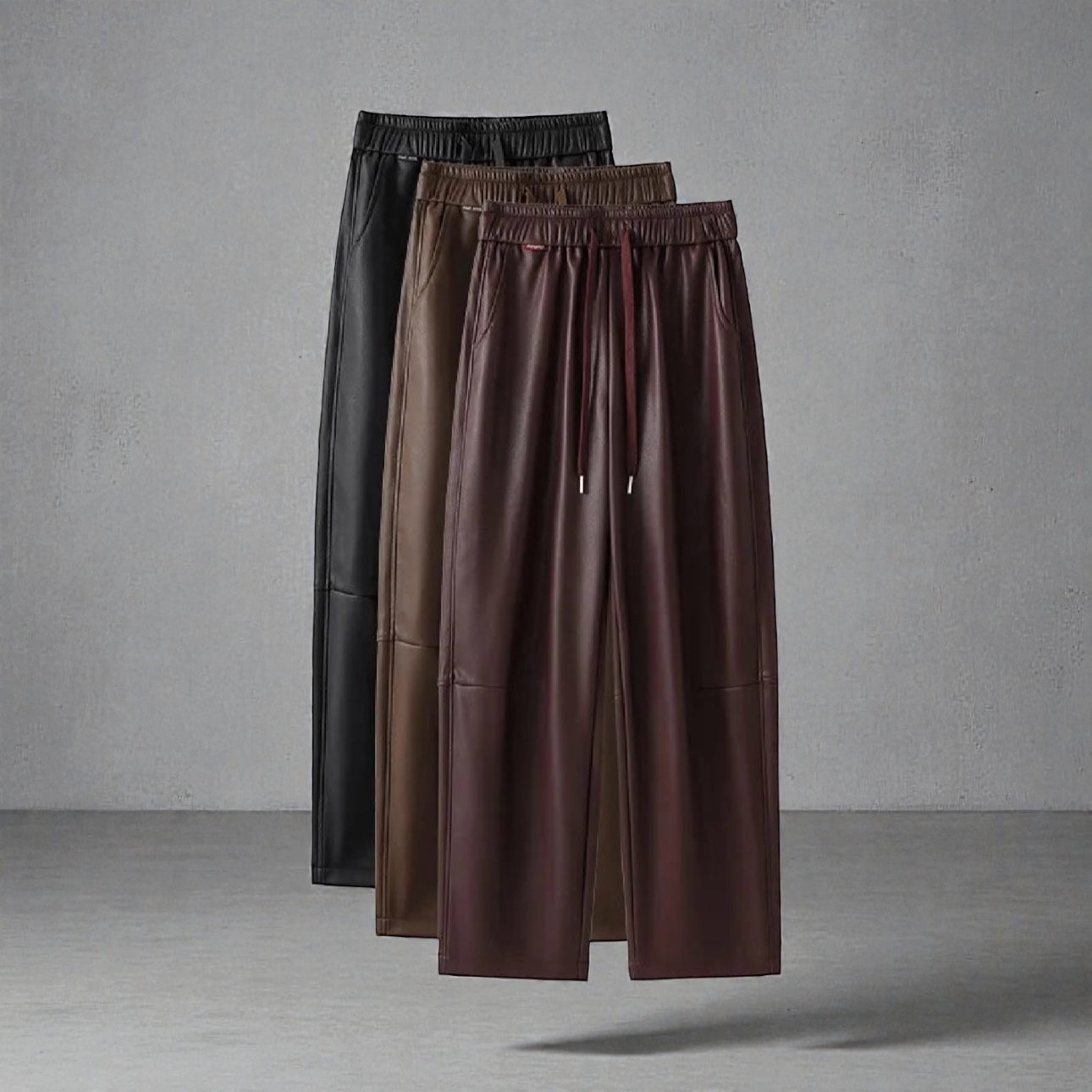 Luxury PU Leather Jogger Pants for Women – High-Waist Elastic Drawstring Wide-Leg Trousers – Comfy Chic Vegan Leather Athleisure Pants