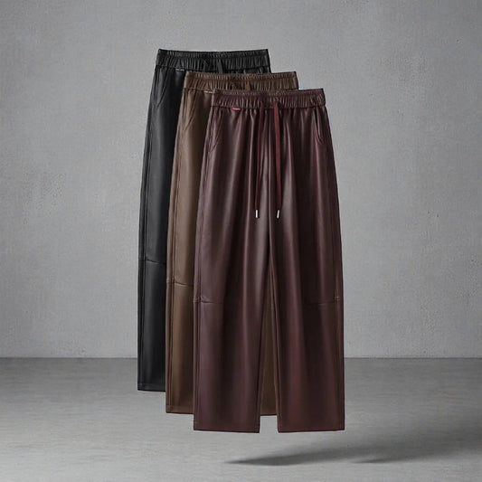 Luxury PU Leather Jogger Pants for Women – High-Waist Elastic Drawstring Wide-Leg Trousers – Comfy Chic Vegan Leather Athleisure Pants