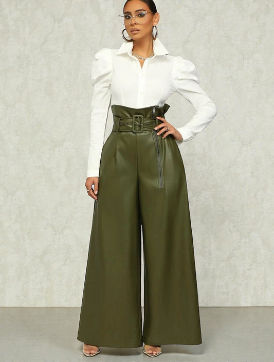 High-Waist Faux Leather Wide-Leg Pants with Belt – Elegant Statement Trousers