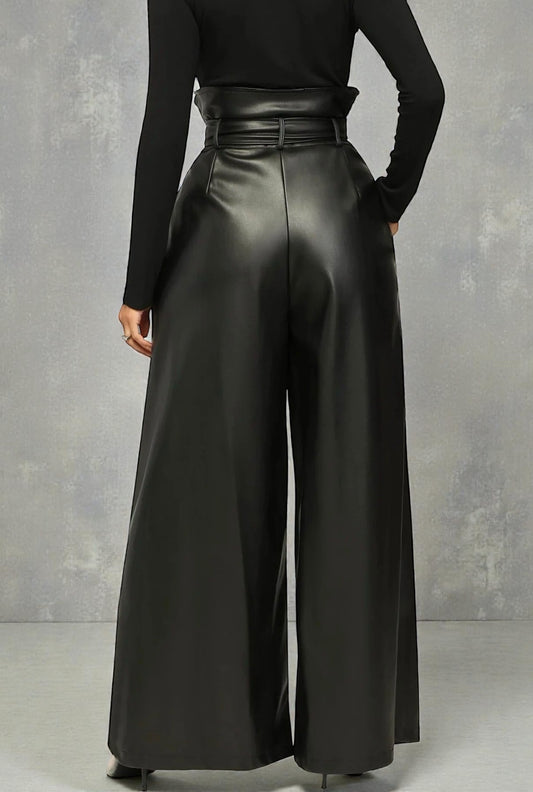 High-Waist Faux Leather Wide-Leg Pants with Belt – Elegant Statement Trousers