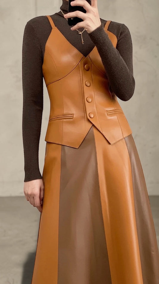 Luxury Genuine Sheepskin Leather Vest for Women – Tailored V-Neck Button Front Streetwear Top (Black, Camel, Green, Purple, Orange, Khaki)