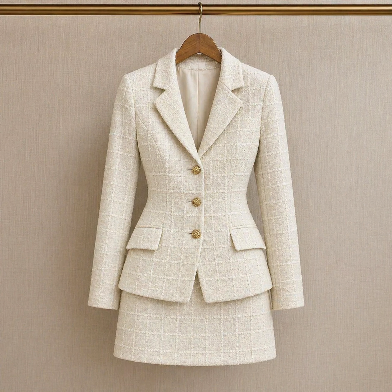 Elegant Ivory Tweed Two-Piece Skirt Suit Set | Slim Fit Blazer & Mini Skirt