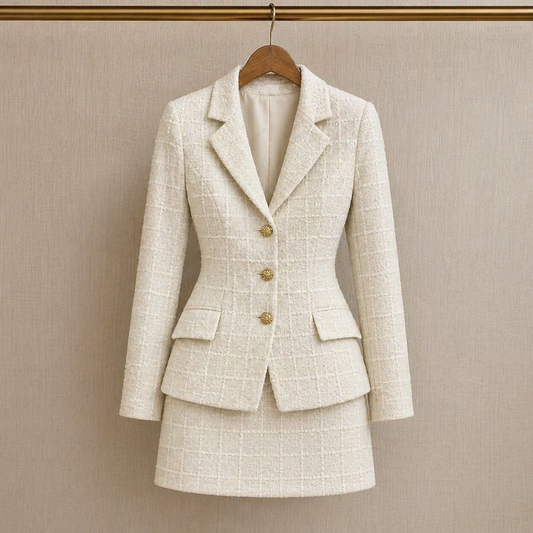 Elegant Ivory Tweed Two-Piece Skirt Suit Set | Slim Fit Blazer & Mini Skirt