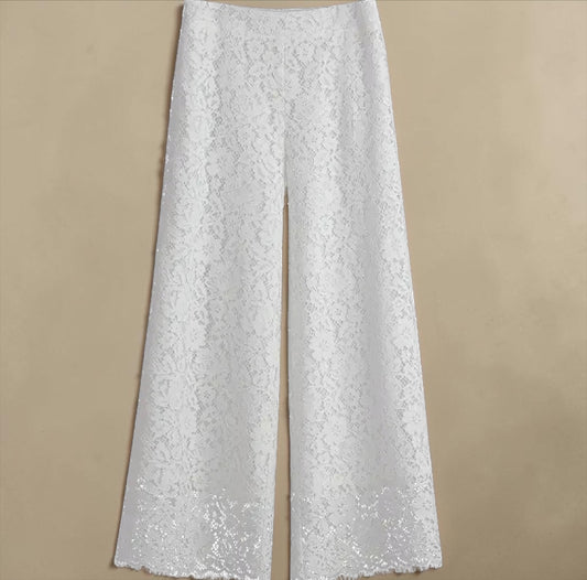 Elegant Lace Wide-Leg Trousers – High-Waist Solid Color Pants for Women | Summer Loose Straight Leg Bottoms | Modern Blend Boutique
