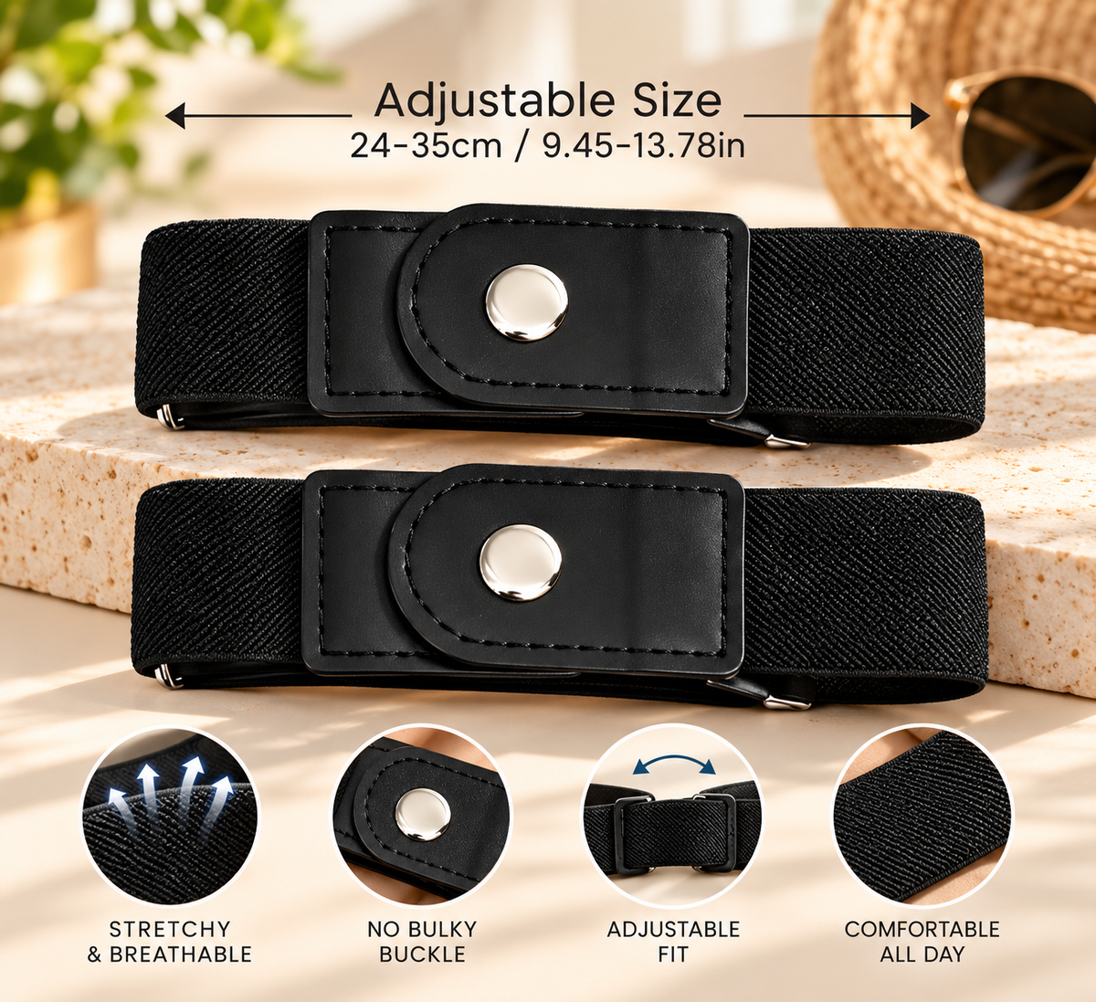 Invisible No-Buckle Stretch Belt | Adjustable Elastic Waist Cincher for Jeans & Pants – 2-Piece Set