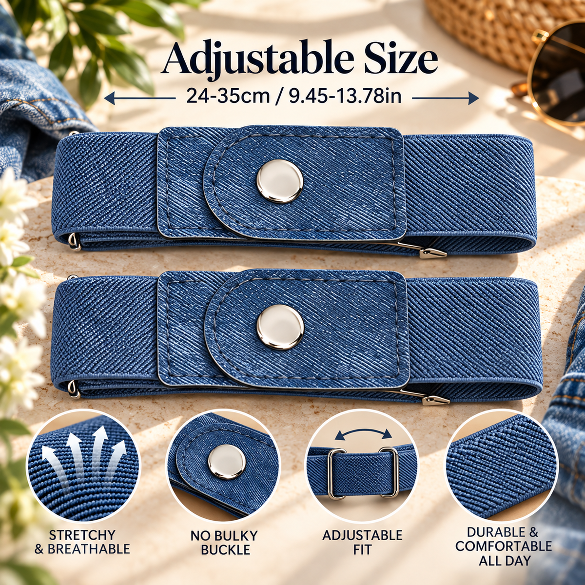 Invisible No-Buckle Stretch Belt | Adjustable Elastic Waist Cincher for Jeans & Pants – 2-Piece Set