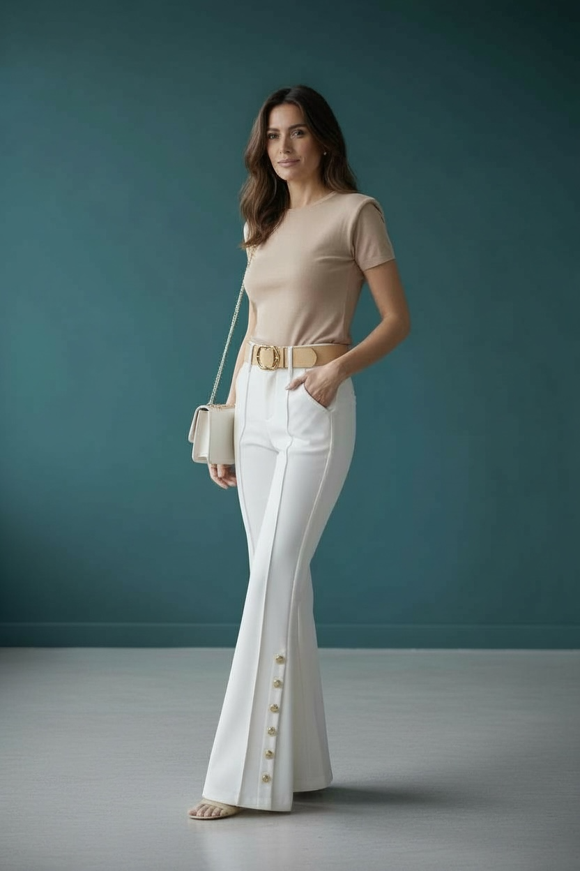 New Luxury Slim Pant’s/High End Fashion Design Button’s/Elegant White Flared Trouser’s/High Waist Lady Bottom Wear.