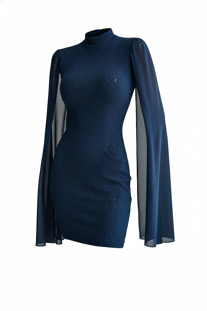 Asymmetrical Shimmered Body~Con Dress/Neck Chiffon Cape Hip Figured Dress/Elegant Winged Sleeves/Mini Cocktail Dress.