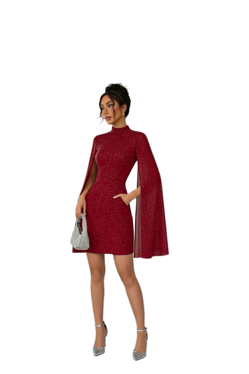 Asymmetrical Shimmered Body~Con Dress/Neck Chiffon Cape Hip Figured Dress/Elegant Winged Sleeves/Mini Cocktail Dress.