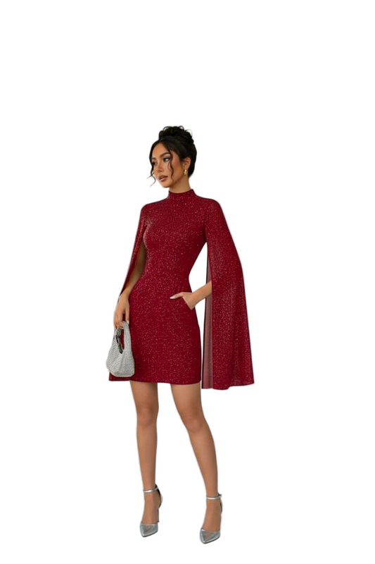 Asymmetrical Shimmered Body~Con Dress/Neck Chiffon Cape Hip Figured Dress/Elegant Winged Sleeves/Mini Cocktail Dress.