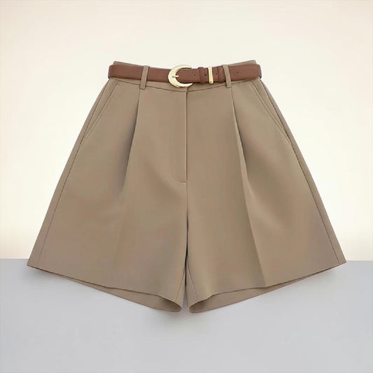 High-Waist Tailored Beige Shorts with Belt – Elegant Wide-Leg Dressy Summer Workwear Shorts for Women