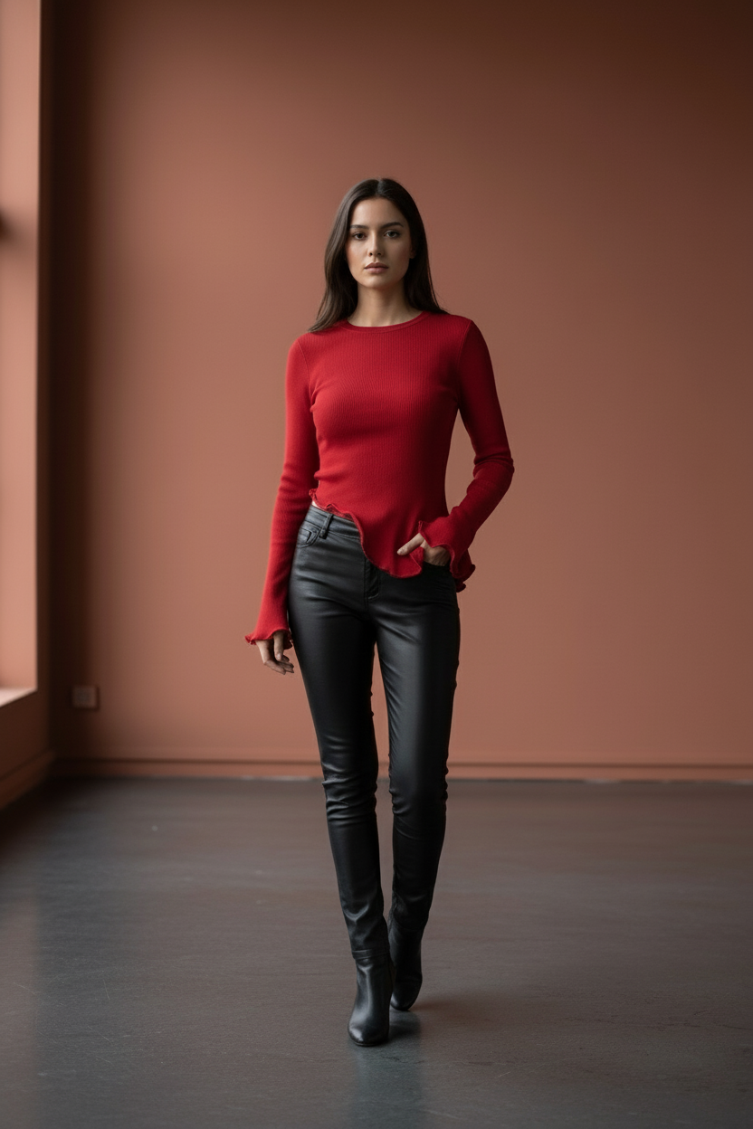 Blossom Curled Asymmetrical Ruffled Red Blouse/Iron Shaped Crew Neck/Glowing Flare Sleeve Cropped Top.