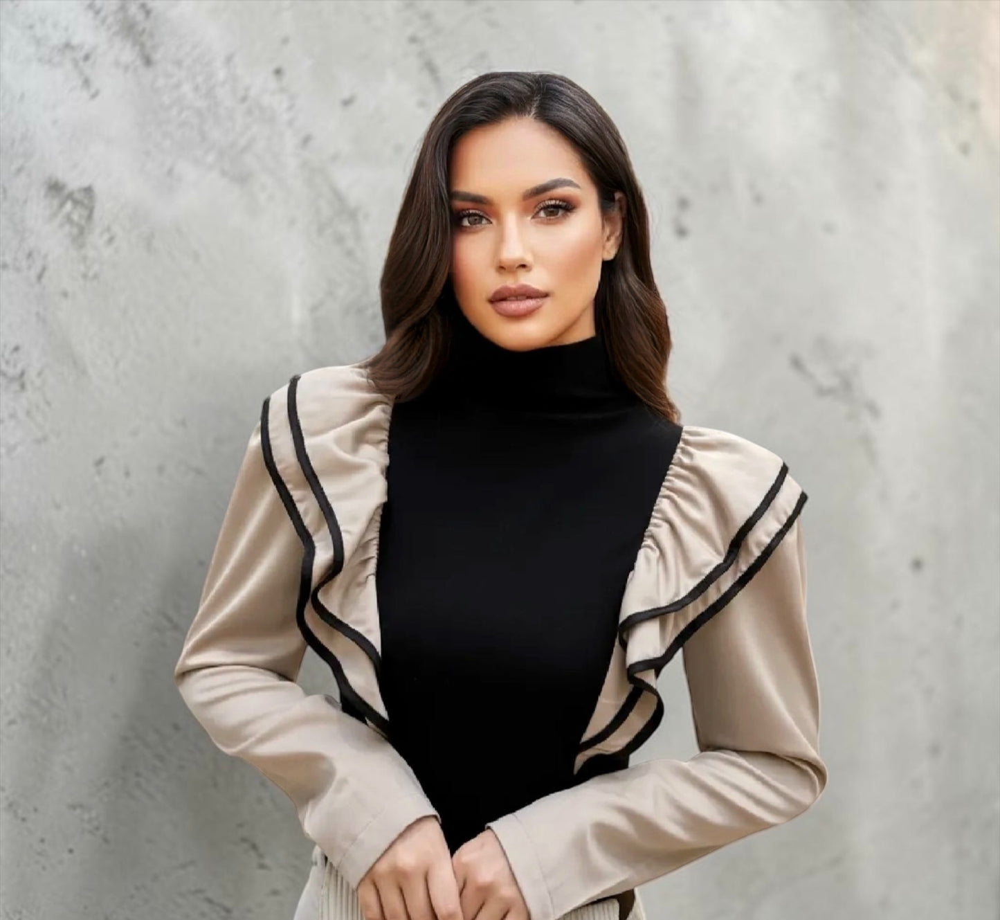 Stylish Turtleneck Spliced Ruffle Blouse for Women – Autumn Casual Pullover Office Shirt