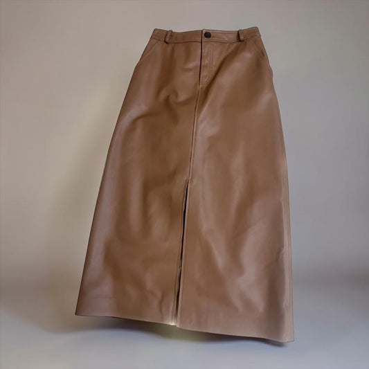 Genuine Sheepskin Leather Front-Slit Midi Skirt