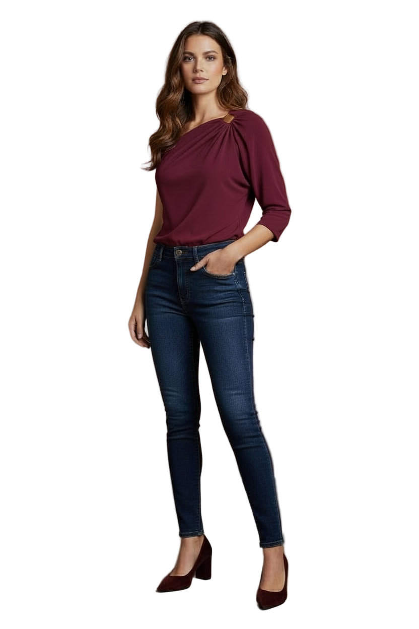 Fashion Styled Off Shoulder Blouse/Metallica Temperament Buckle/Slim Fit Nylon Asymmetric Top.