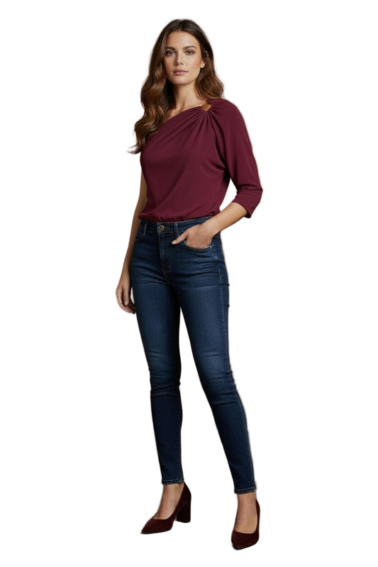 Fashion Styled Off Shoulder Blouse/Metallica Temperament Buckle/Slim Fit Nylon Asymmetric Top.