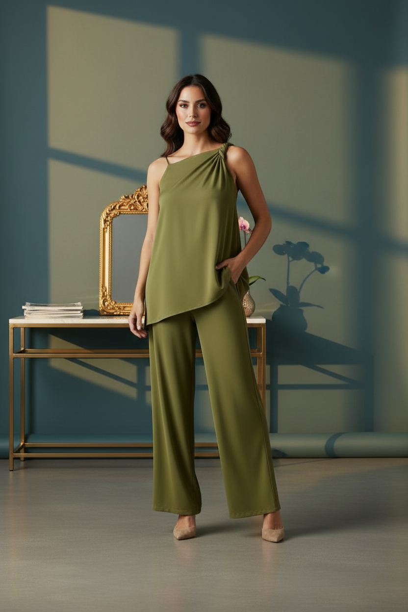 Modern Designed HH Blouse/Women Asymmetric Pleated Backless Top/Elastic Waist Setting/Wide-Leg Pant’s.