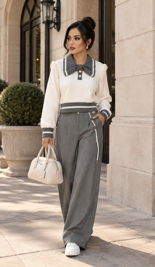 Women’s Elegant Pearl-Embellished Two-Piece Set | Bow-Collar Textured Top & High-Waisted Wide-Leg Pants