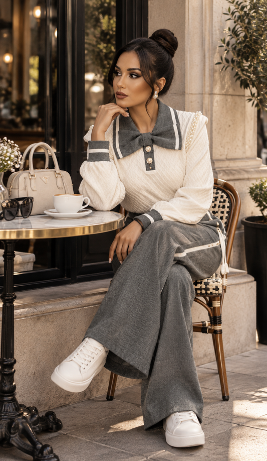 Women’s Elegant Pearl-Embellished Two-Piece Set | Bow-Collar Textured Top & High-Waisted Wide-Leg Pants