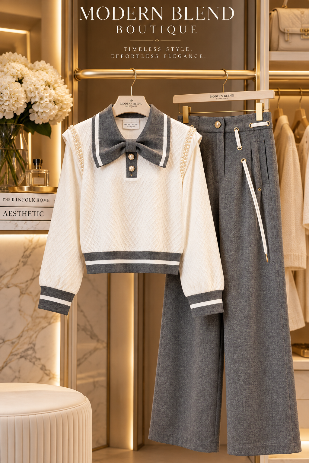 Women’s Elegant Pearl-Embellished Two-Piece Set | Bow-Collar Textured Top & High-Waisted Wide-Leg Pants