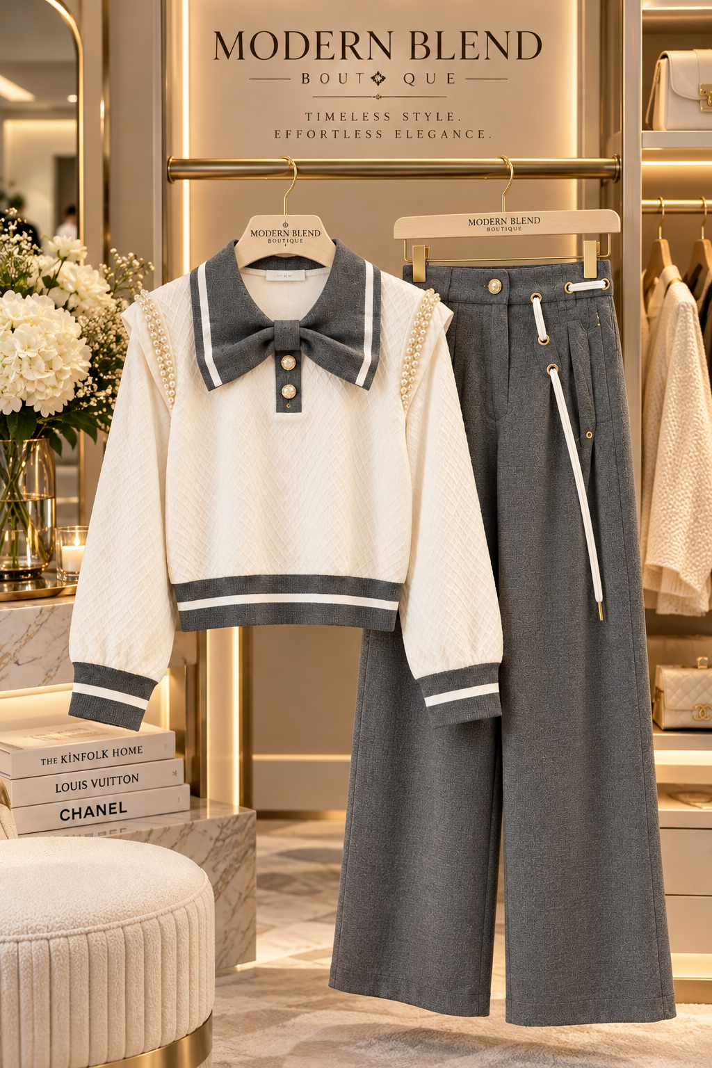 Women’s Elegant Pearl-Embellished Two-Piece Set | Bow-Collar Textured Top & High-Waisted Wide-Leg Pants