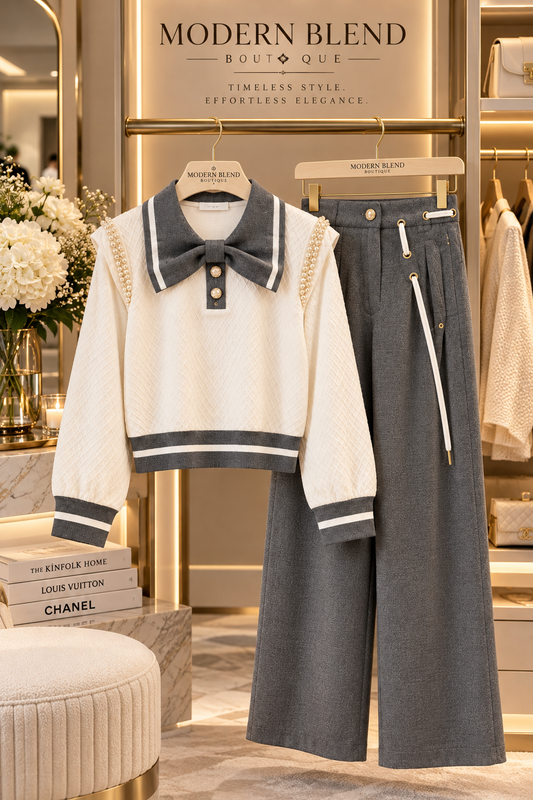 Women’s Elegant Pearl-Embellished Two-Piece Set | Bow-Collar Textured Top & High-Waisted Wide-Leg Pants