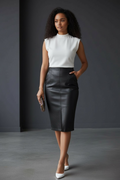 Sexy Women Skirt/High Waist Fitted Skirt/Back Slit Faux Leather Midi Skirt/Hip-Hugging Featured Skirt.