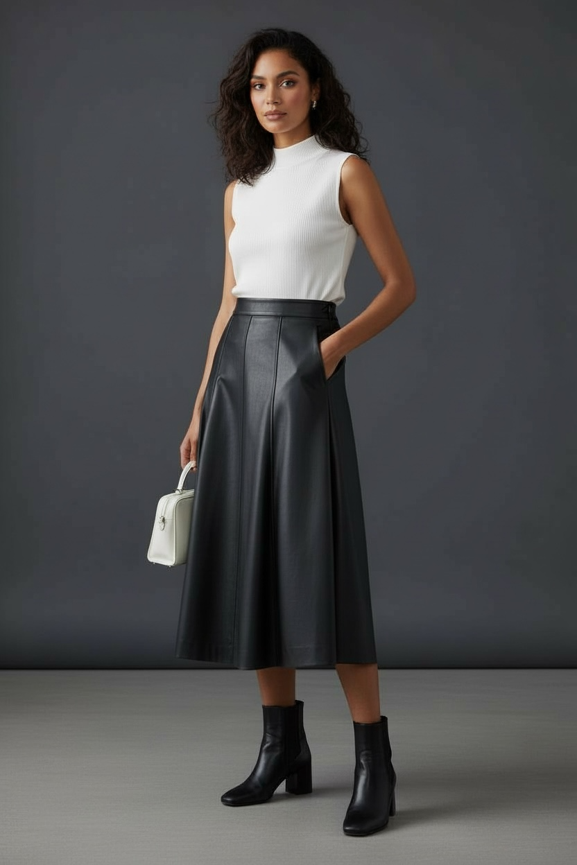 Seoulish Black Faux PU Leather Women's A-Line Skirt/New High Wasit Solid Chic/Umbrella Office Skirt’s Female.