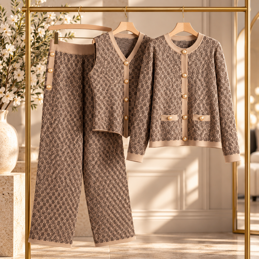 Women’s Elegant Knit Cardigan, Sleeveless Vest & Wide-Leg Trousers Set | Classic Geometric Pattern | Sophisticated Office & Casual Wear