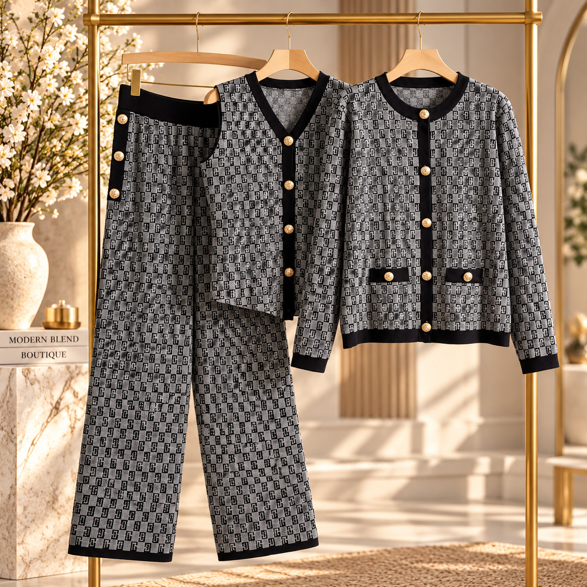 Women’s Elegant Knit Cardigan, Sleeveless Vest & Wide-Leg Trousers Set | Classic Geometric Pattern | Sophisticated Office & Casual Wear