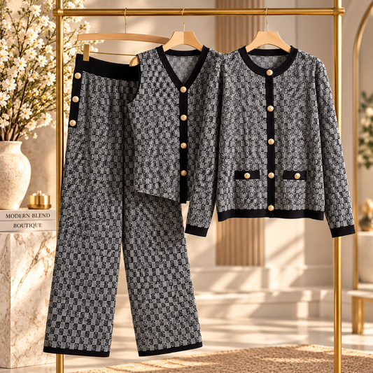 Women’s Elegant Knit Cardigan, Sleeveless Vest & Wide-Leg Trousers Set | Classic Geometric Pattern | Sophisticated Office & Casual Wear