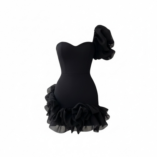 Elegant Cute Ruffled Evening Dress/Flower Patchwork Pleated/Bud Waist Mini Dresses for Women/Sleeveless Empire Waistline.