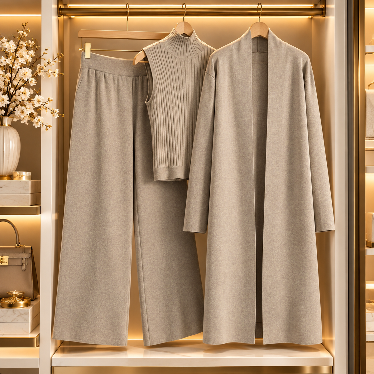 Women’s 3-Piece Knit Cardigan Set | Long Open-Front Coat, Sleeveless Turtleneck Top & Wide-Leg Pants | Fall Winter Lounge & Office Outfit