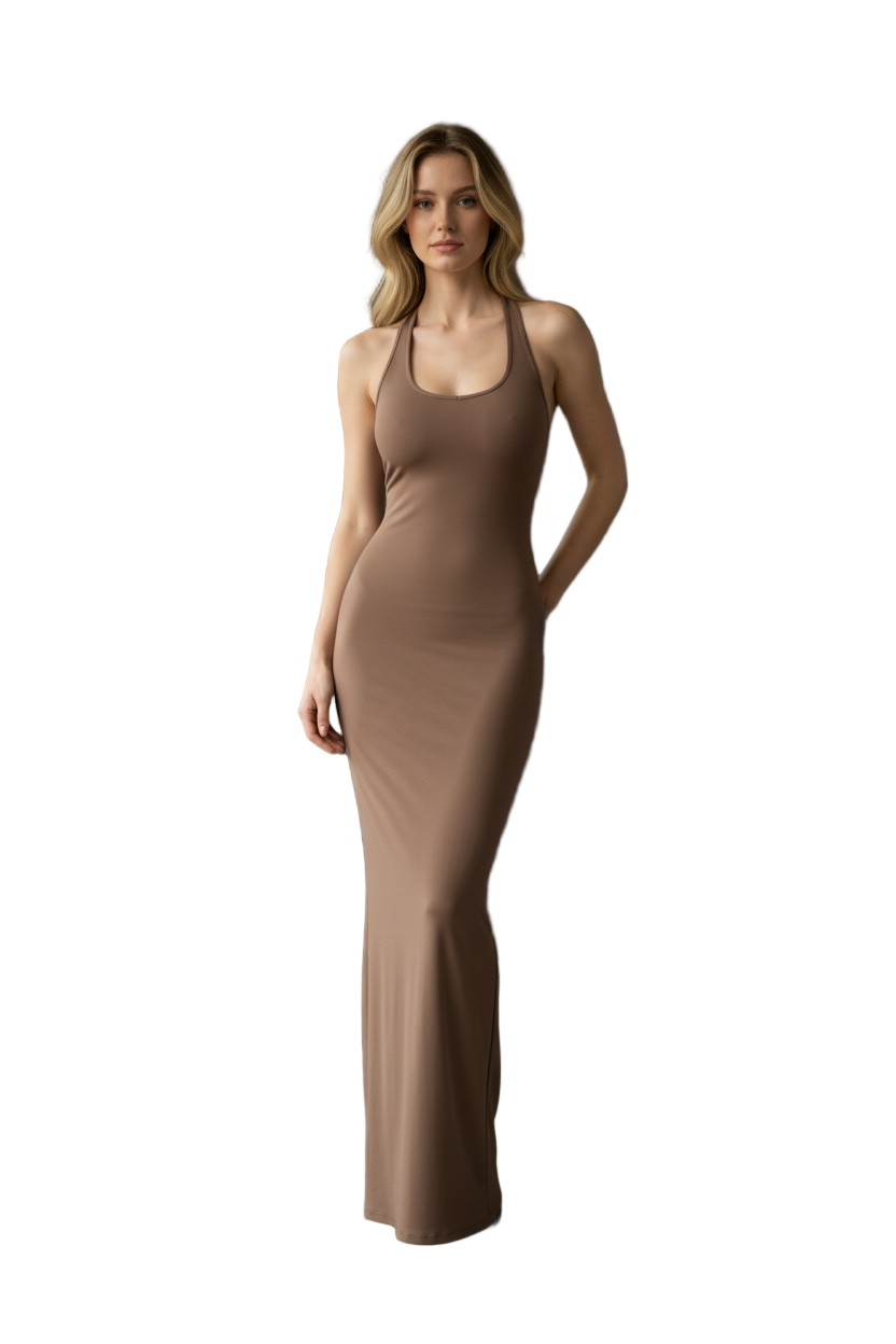 Coffee Colored Backless Chic Dress/Sleeveless Solid Slim Abdomen/Mature Skinny O~Neck Style/Retro Leisure Sexy Girls Trendy.